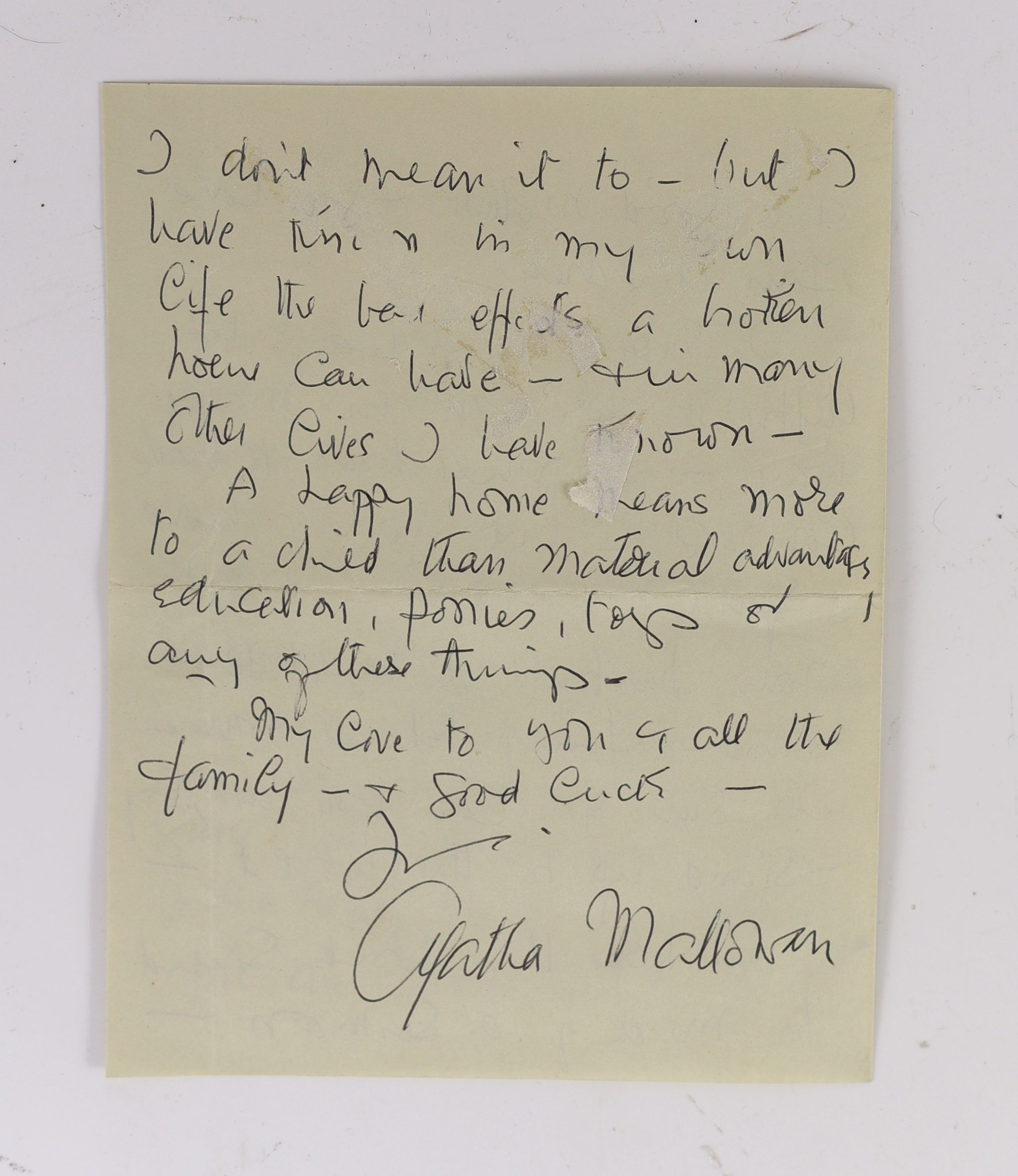 A manuscript letter from Agatha Christie to Mrs Elliot on Greenway notepaper